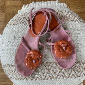 CHANEL pink calfskin suede sandals